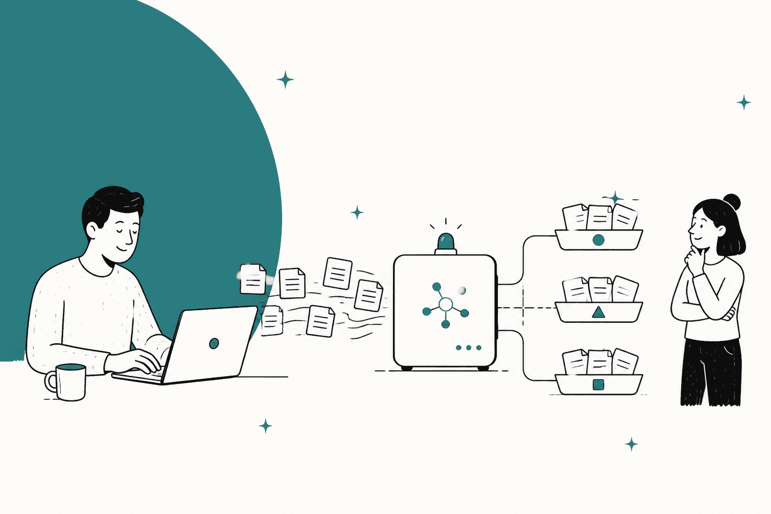Hand-drawn hero banner of a person at a laptop sending documents into a small decision box that sorts them into three labelled trays while a second person looks on