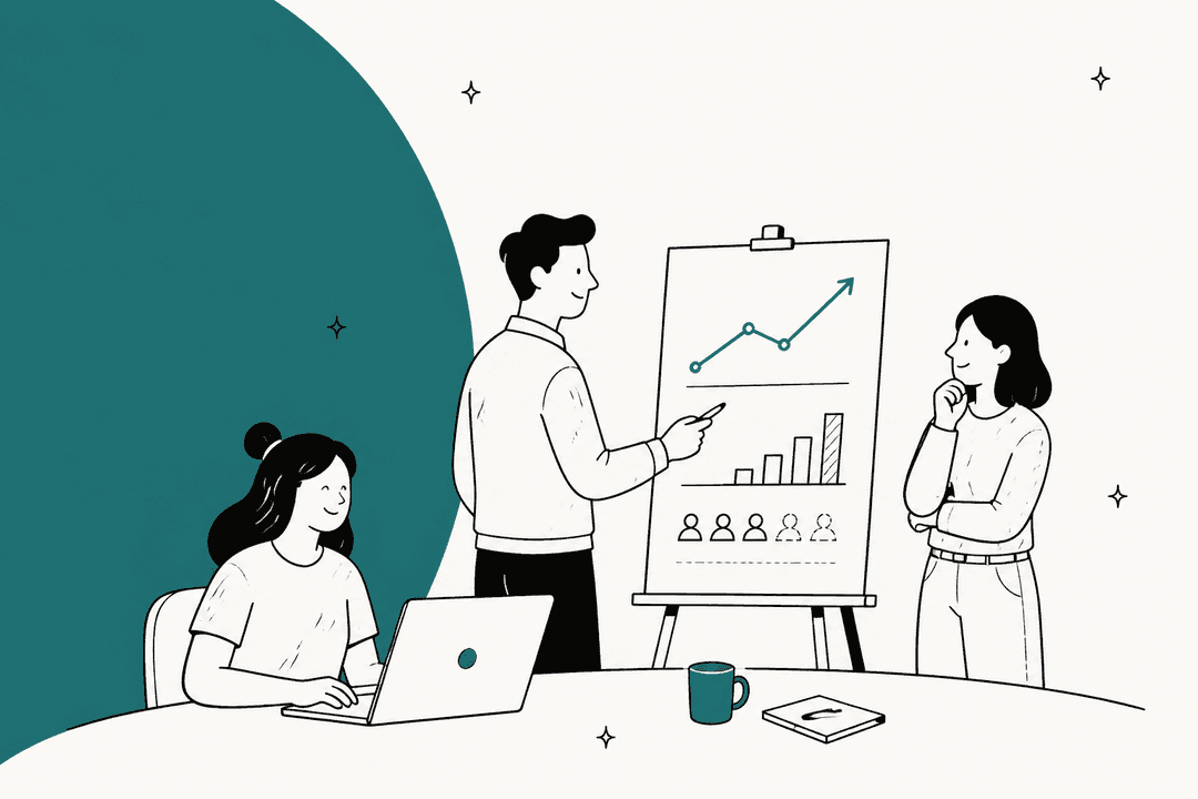Hand-drawn illustration of a support lead presenting a rising volume chart and a row of agent icons on a flip chart to two teammates, one working on a laptop