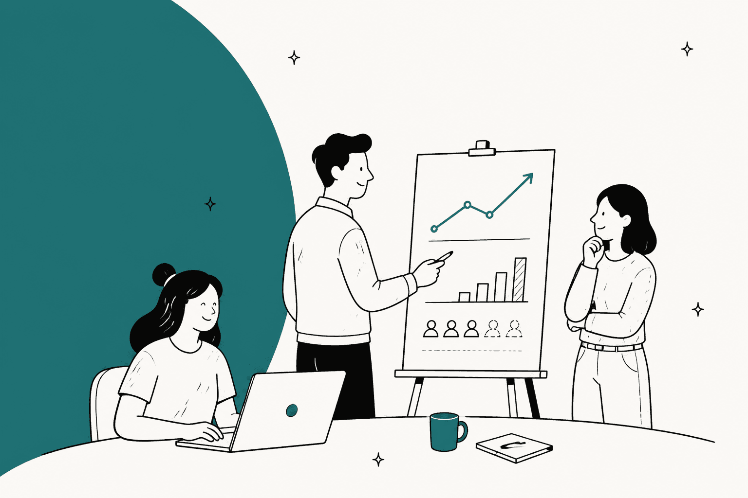 Hand-drawn illustration of a support lead presenting a rising volume chart and a row of agent icons on a flip chart to two teammates, one working on a laptop