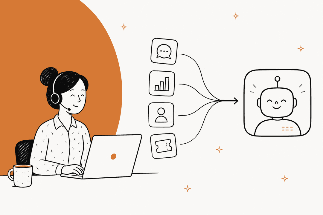 Support agent at a laptop with several small app tiles merging into one unified AI assistant