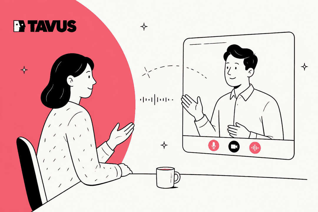 Illustrated person talking with a Tavus AI video agent on a screen