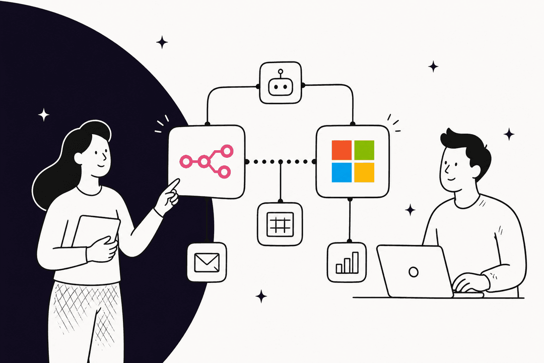 Illustration of two people connecting n8n and Microsoft Teams in an automation workflow