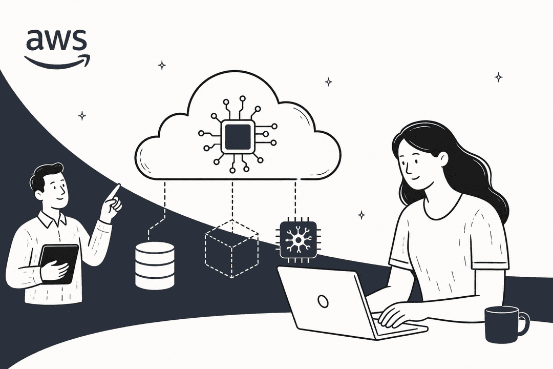 Hand-drawn illustration of a developer at a laptop sending work to a cloud with an AI chip inside, next to the AWS logo