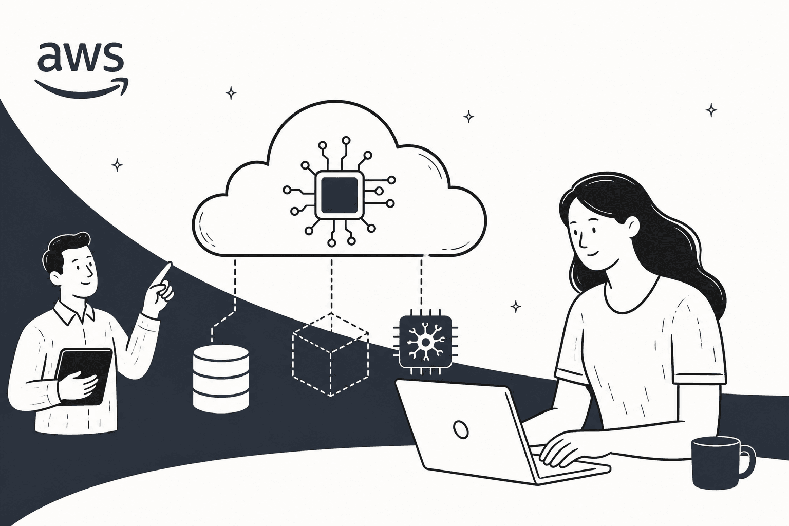 Hand-drawn illustration of a developer at a laptop sending work to a cloud with an AI chip inside, next to the AWS logo
