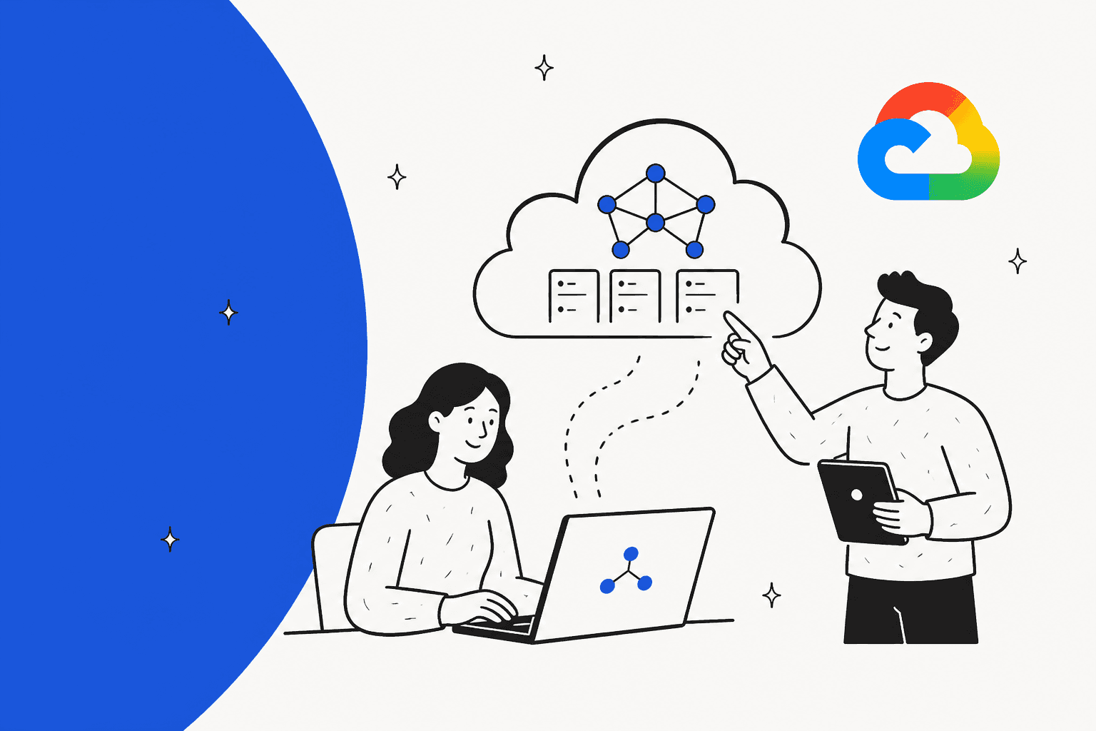 Hand-drawn illustration of a developer at a laptop sending work to a cloud of AI chips while a colleague points at it, next to the Google Cloud logo
