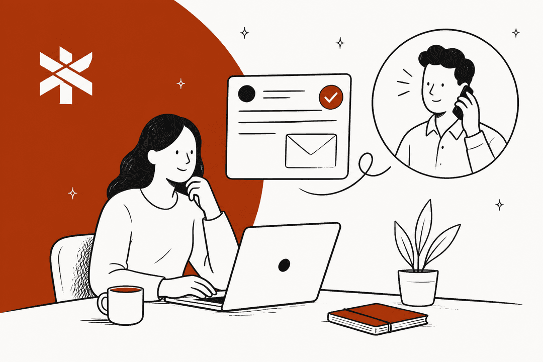 Hand-drawn hero in Town's rust red: a person at a laptop reviewing a drafted follow-up email after a client call