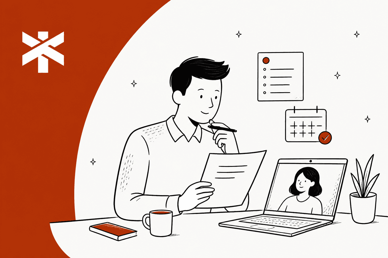 Hand-drawn hero in Town's rust red: a man reads a short briefing note at his desk before a video call with a customer