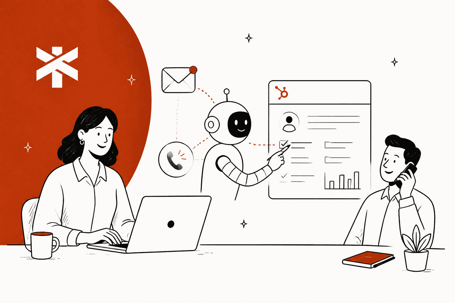Hand-drawn hero in Town's rust red: an AI assistant ticking items on a HubSpot record while two people work at a laptop and on a phone call