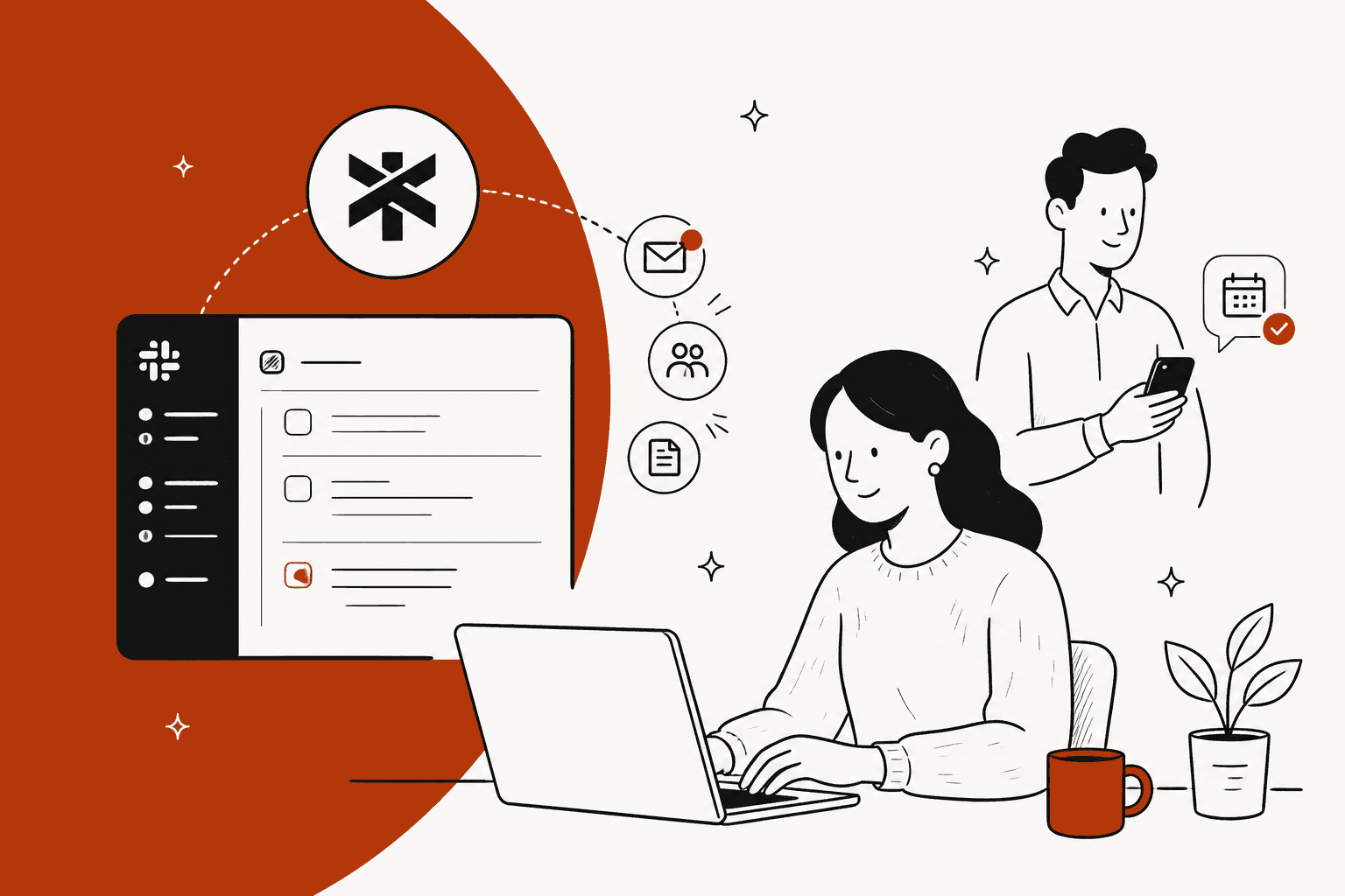 Hand-drawn hero in Town's rust red: a Slack window linked to the Town assistant while a woman works at a laptop and a colleague checks a phone
