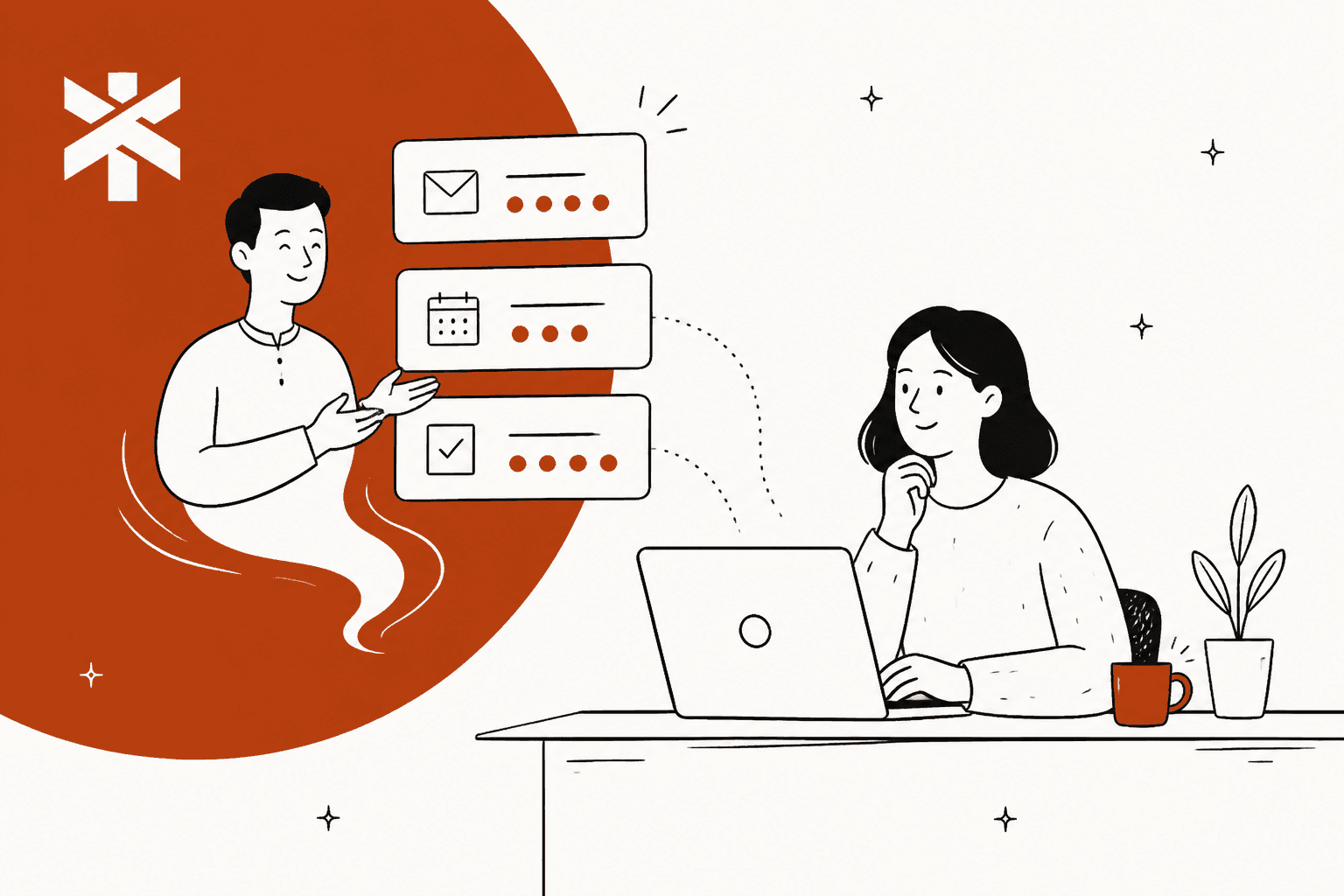 Town AI pricing hero banner in Town's rust red, an AI assistant handing a person cards for email, calendar and tasks