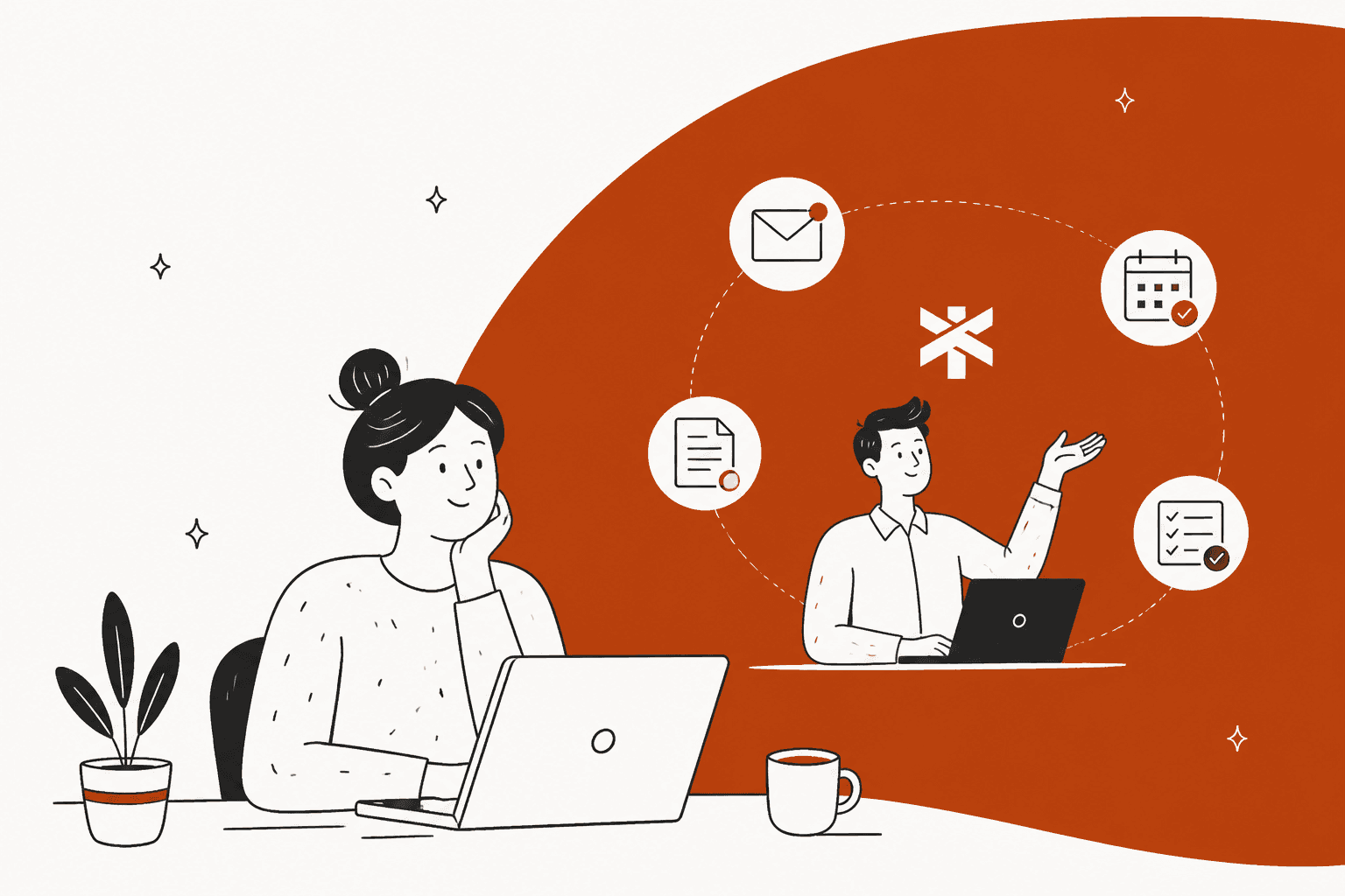 Town AI review hero banner in Town's rust red, a person relaxing at a laptop while an assistant handles email, calendar, documents and tasks