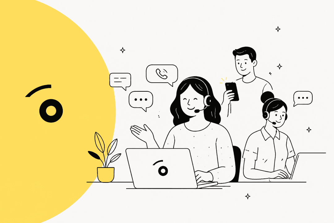 Hand-drawn illustration of support agents with headsets handling chat and phone conversations, for a 2026 Twig AI overview