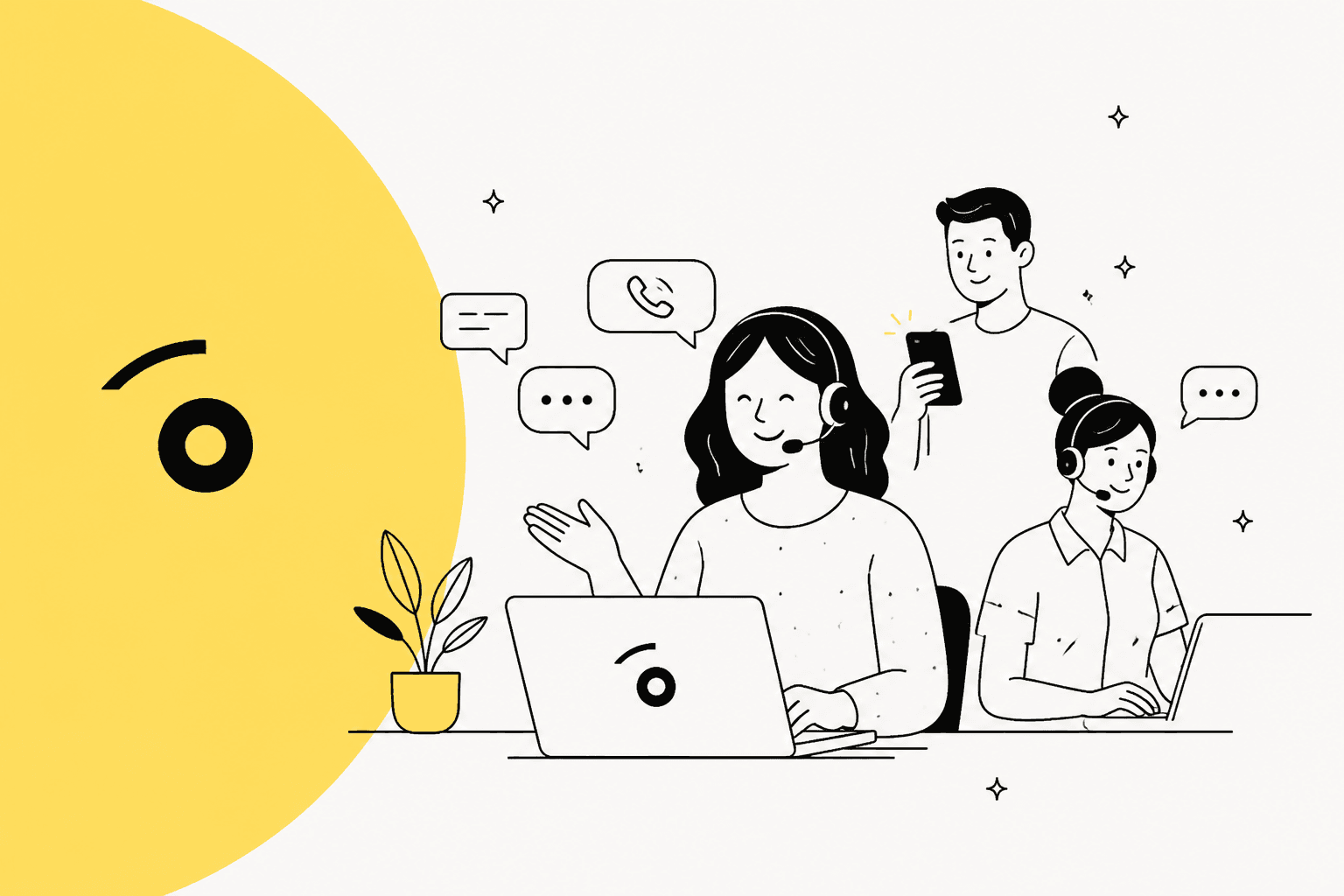 Hand-drawn illustration of support agents with headsets handling chat and phone conversations, for a 2026 Twig AI overview