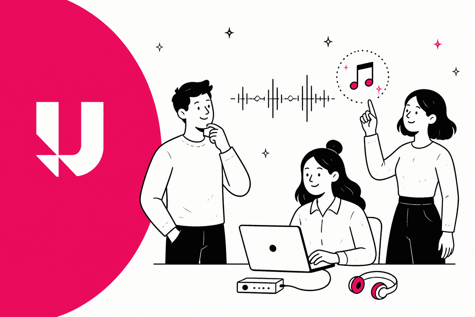 Hand-drawn illustration of three people making music with a laptop, headphones and a sound wave, for the best Udio alternatives in 2026