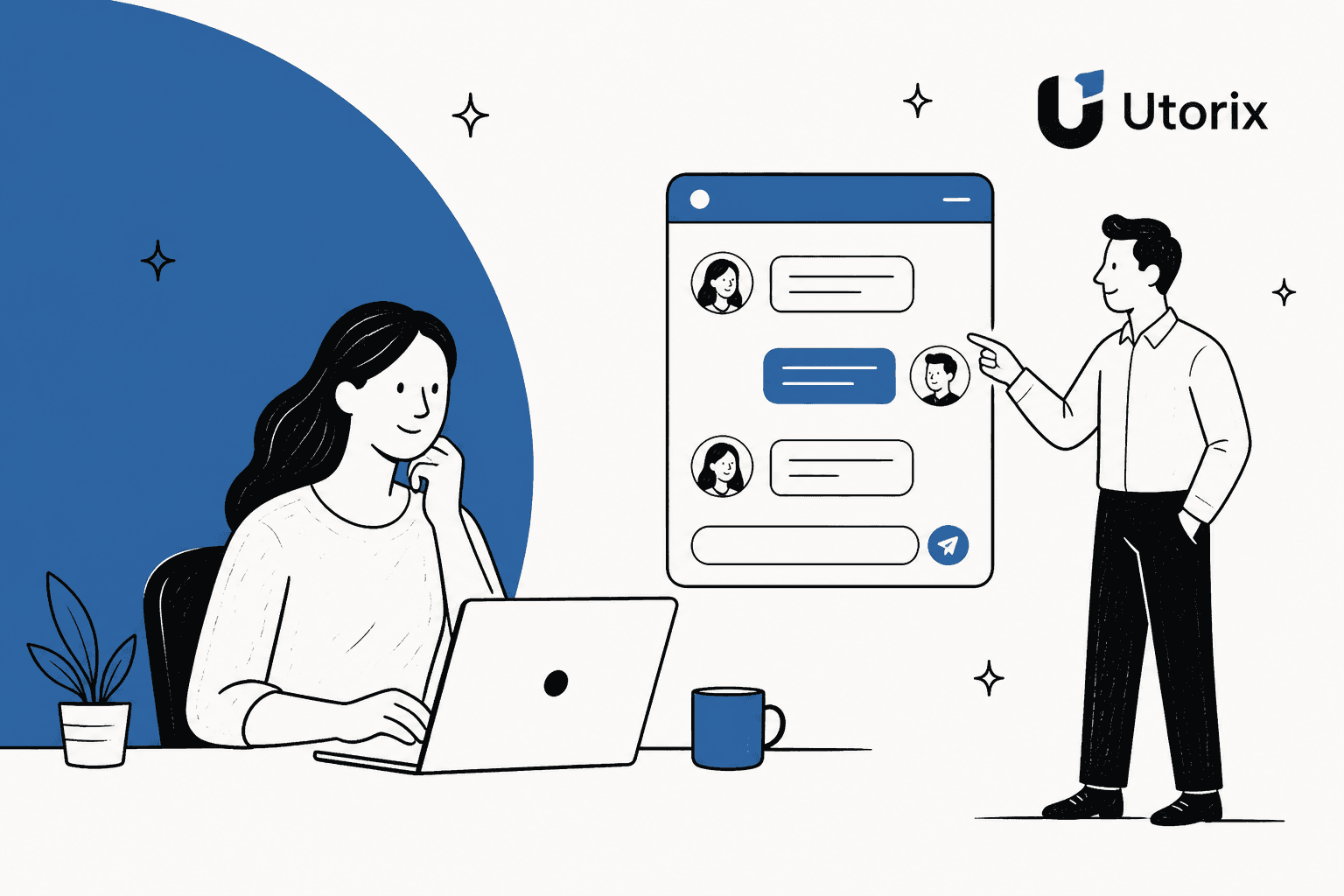 Hand-drawn illustration of a woman at a laptop and a man pointing at a chat window, next to the Utorix logo on a blue band