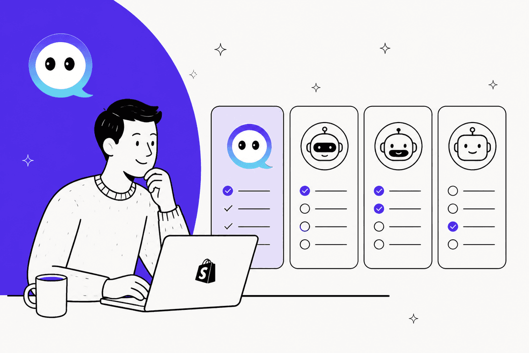 Dueño de una tienda Shopify dibujado a mano frente a un portátil, comparando cuatro tarjetas de opciones de chat IA con listas de verificación, con el logo de burbuja de chat de VanChat sobre una forma morada detrás de él
