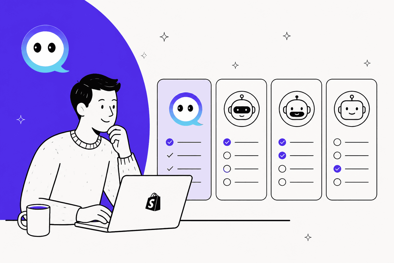 Hand-drawn Shopify store owner at a laptop comparing four AI chat option cards with checklists, the VanChat chat bubble logo on a purple shape behind him