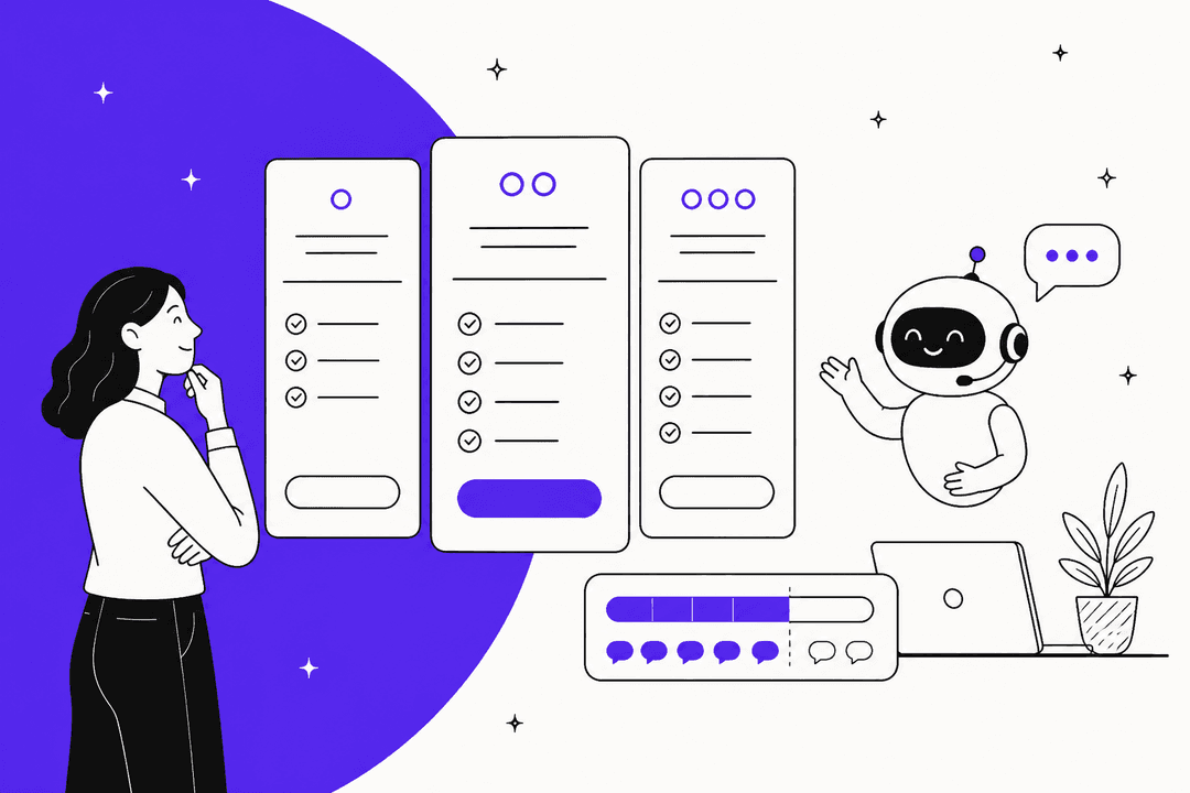VanChat pricing hero banner, a hand-drawn woman comparing three plan cards next to a friendly chat robot and a usage meter filling with chat bubbles, on a purple background
