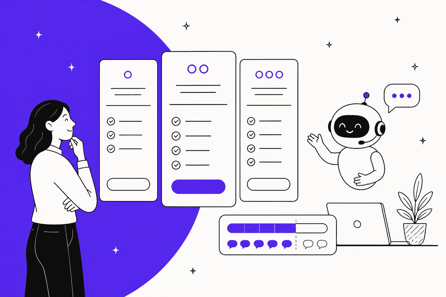 VanChat pricing hero banner, a hand-drawn woman comparing three plan cards next to a friendly chat robot and a usage meter filling with chat bubbles, on a purple background