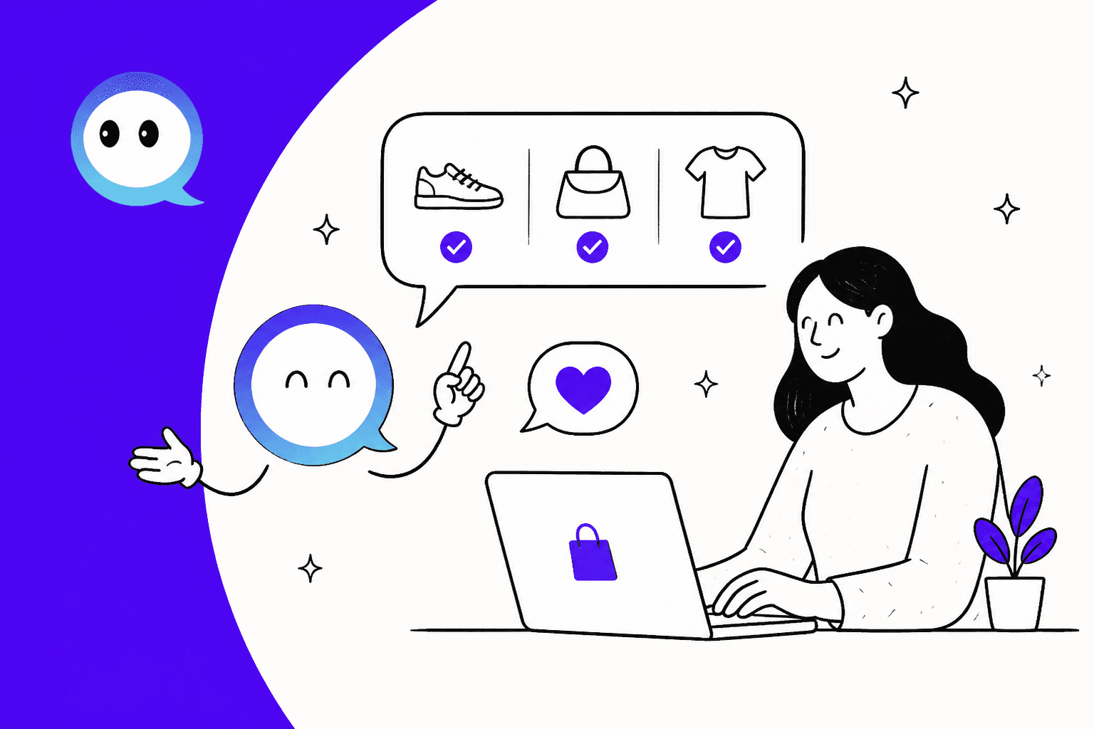 VanChat review hero banner, a hand-drawn shopper at a laptop while the VanChat chat mascot points at shoe, bag and shirt product picks, on a violet background