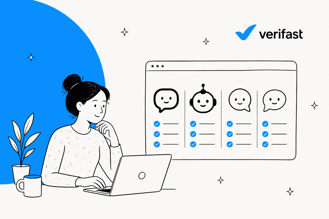 Hand-drawn store owner at a laptop comparing four AI chat assistants side by side in a browser window, next to the Verifast logo on a bright blue shape