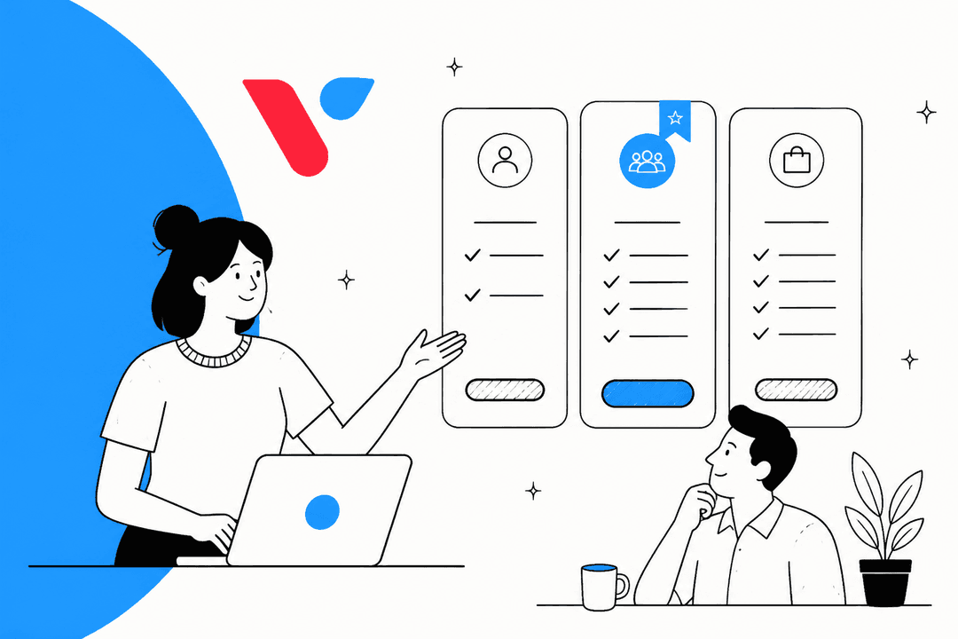 Verifast AI pricing hero banner with a woman at a laptop pointing at three pricing cards, the Verifast logo on a blue curve, and a man thinking at a desk