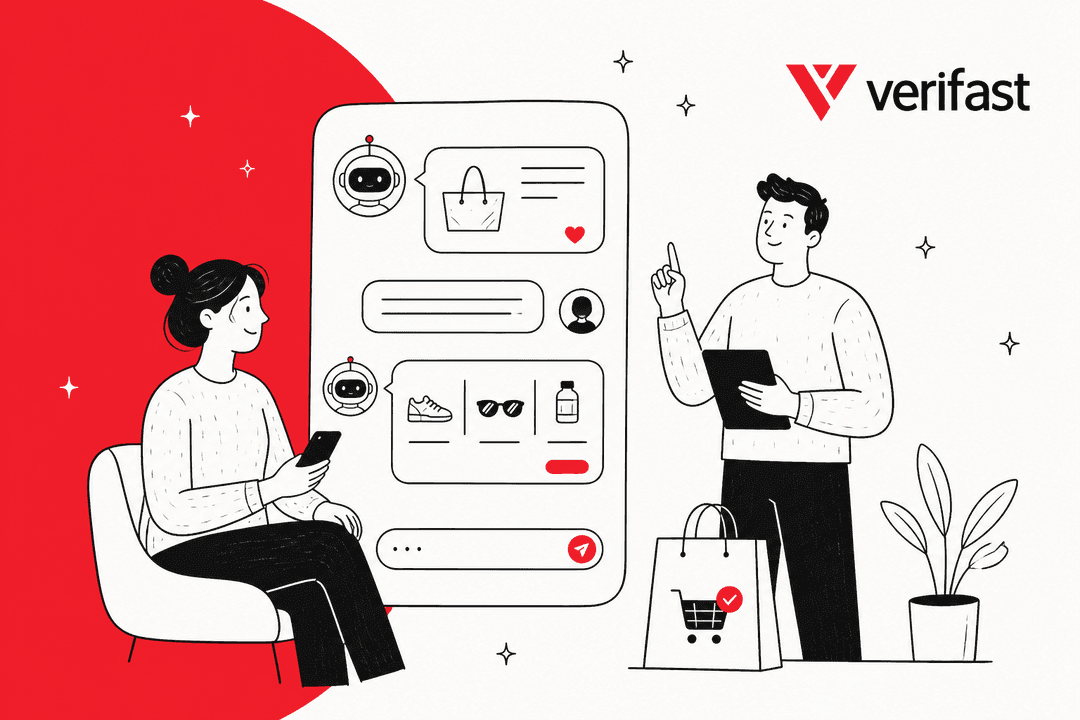 Verifast AI review hero banner, a hand-drawn woman on a phone and a man with a tablet next to a chat window where an AI bot recommends a bag, shoes and sunglasses, with the Verifast logo on a red and off-white background