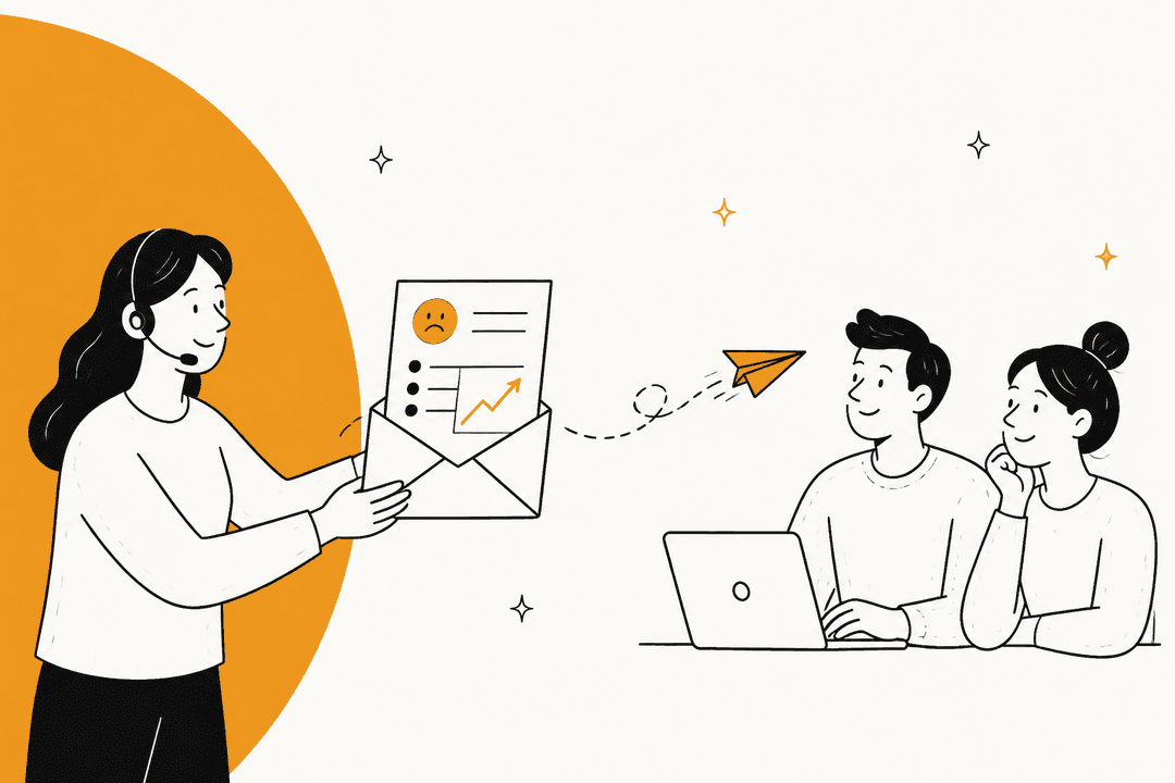 Hand-drawn illustration of a support agent sending an envelope with a complaint summary and a rising trend chart to two product teammates at a laptop