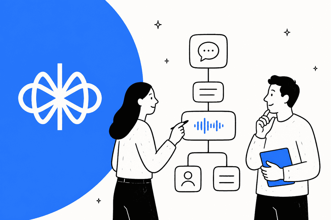 Handgezeichnete Illustration von zwei Personen, die einen verzweigten Agenten-Ablauf mit Chat- und Sprachschritten planen, neben dem Voiceflow-Logo auf blauem Hintergrund