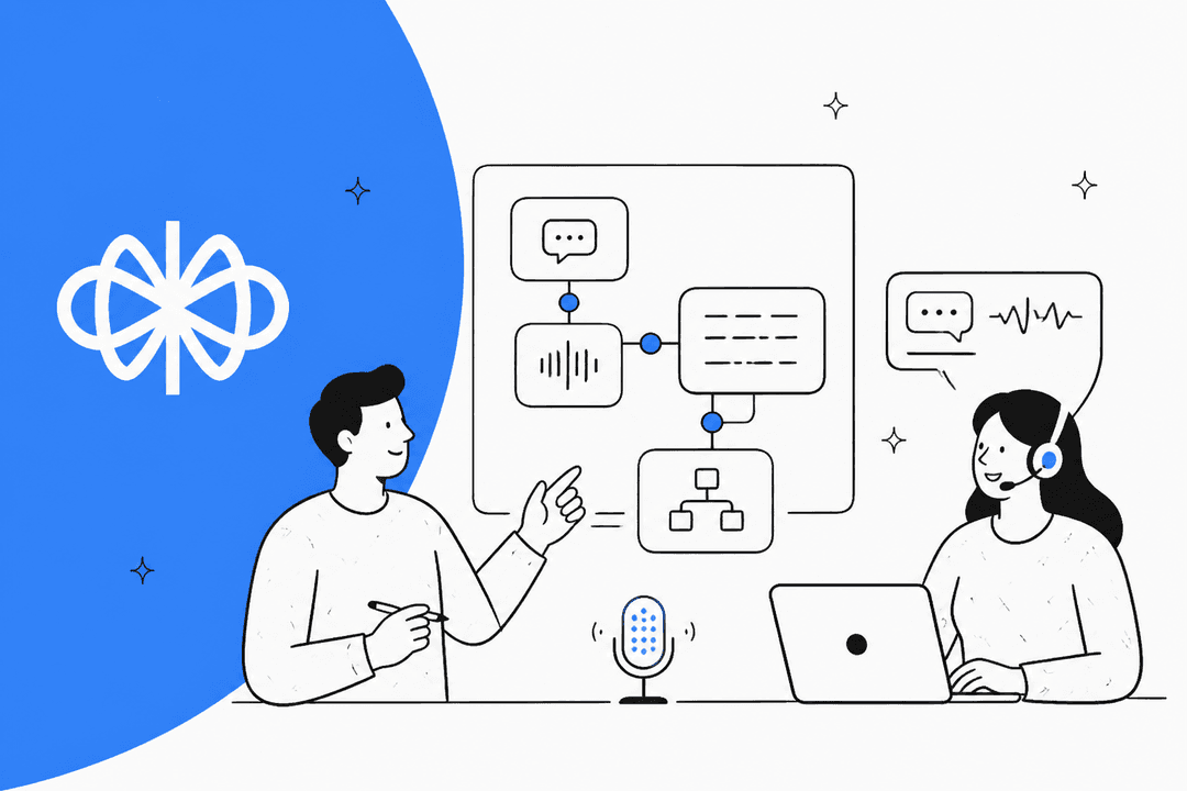 Hand-drawn illustration of a designer pointing at a Voiceflow agent flow chart while a support agent with a headset works on a laptop, next to the Voiceflow logo