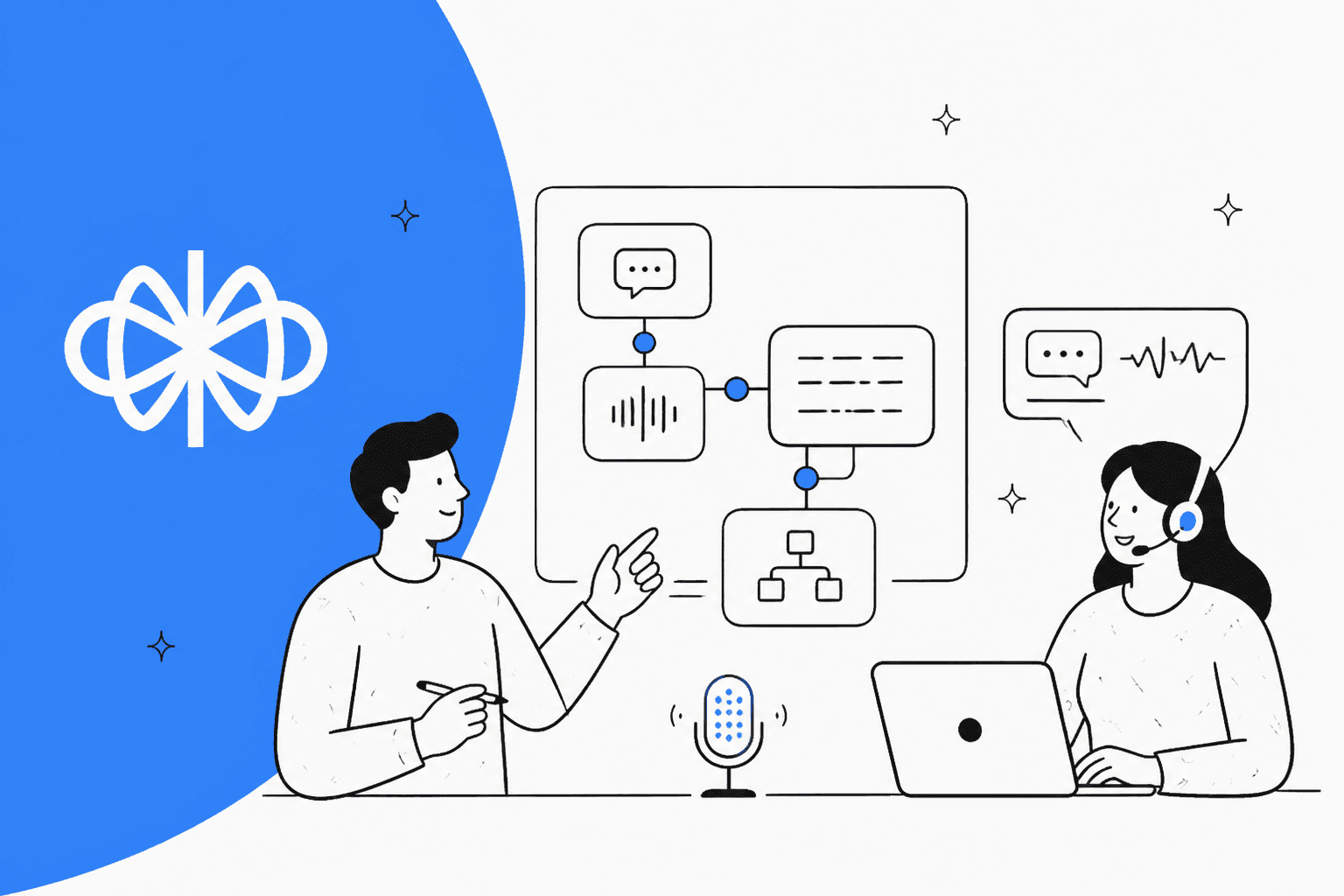 Hand-drawn illustration of a designer pointing at a Voiceflow agent flow chart while a support agent with a headset works on a laptop, next to the Voiceflow logo