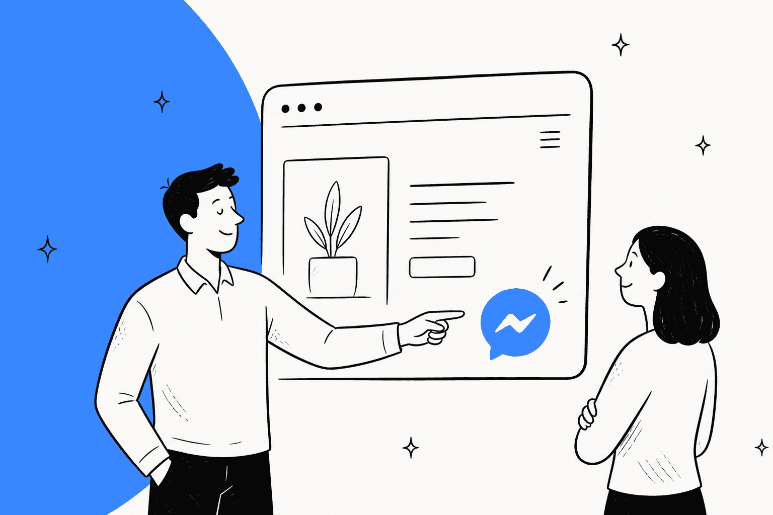 Hand-drawn illustration of a man pointing at a website with a blue Messenger chat button while a woman looks on, next to a bold blue shape