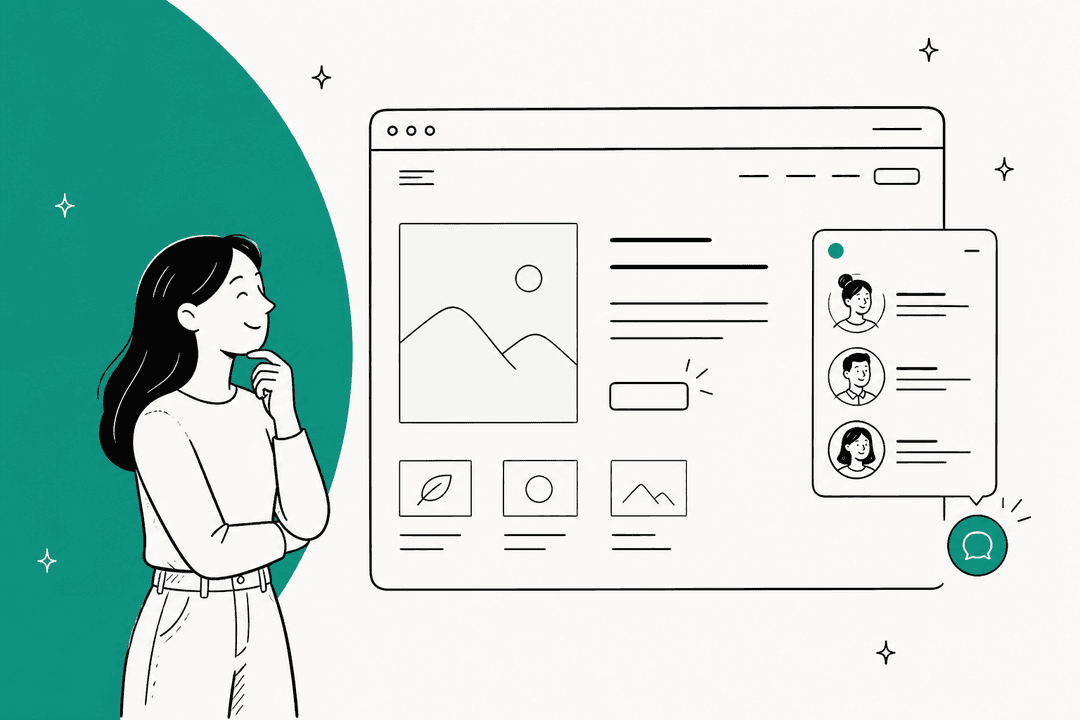 Hand-drawn illustration of a woman looking at a website with a teal chat button and a pop-up listing three team members, next to a bold teal shape