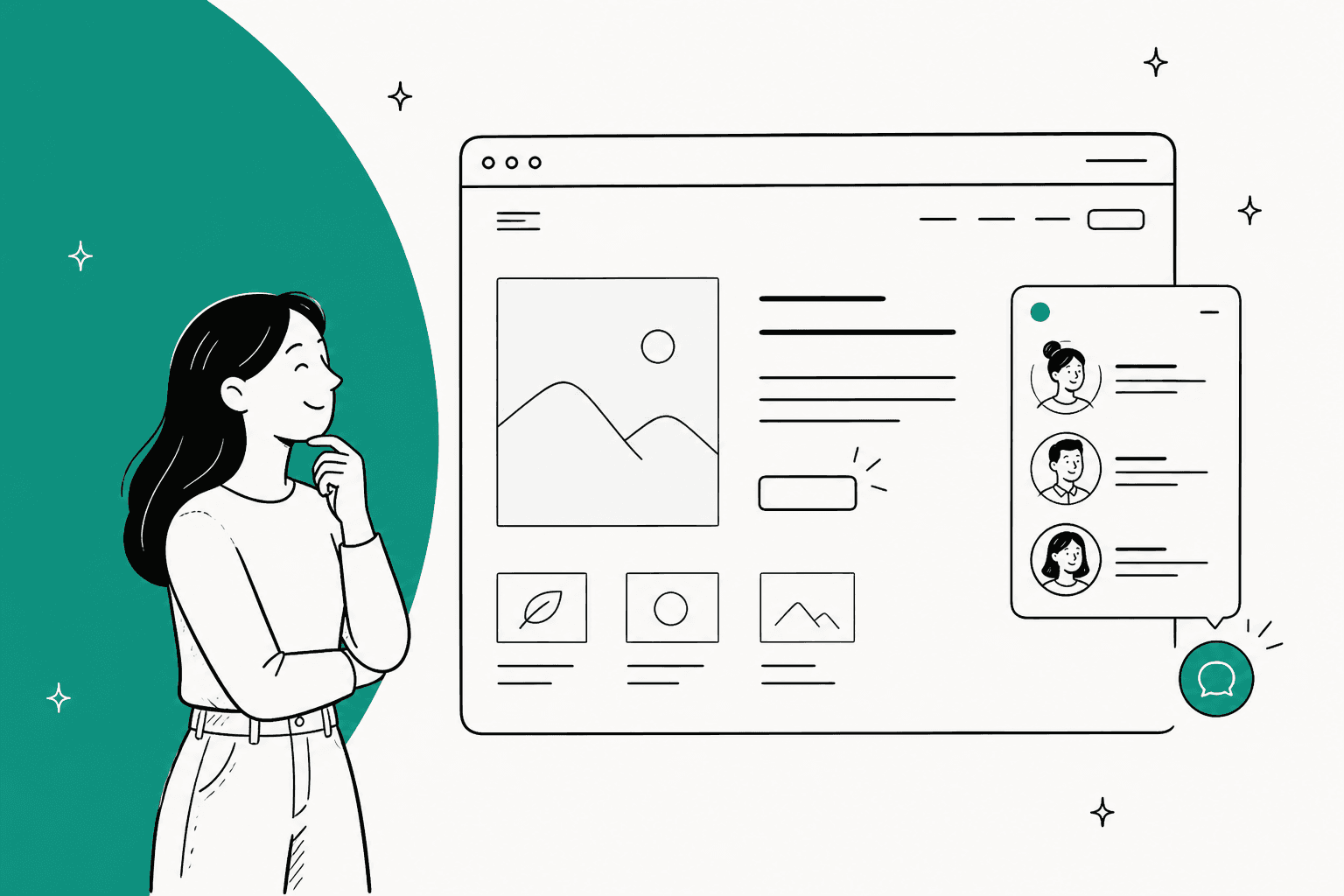 Hand-drawn illustration of a woman looking at a website with a teal chat button and a pop-up listing three team members, next to a bold teal shape