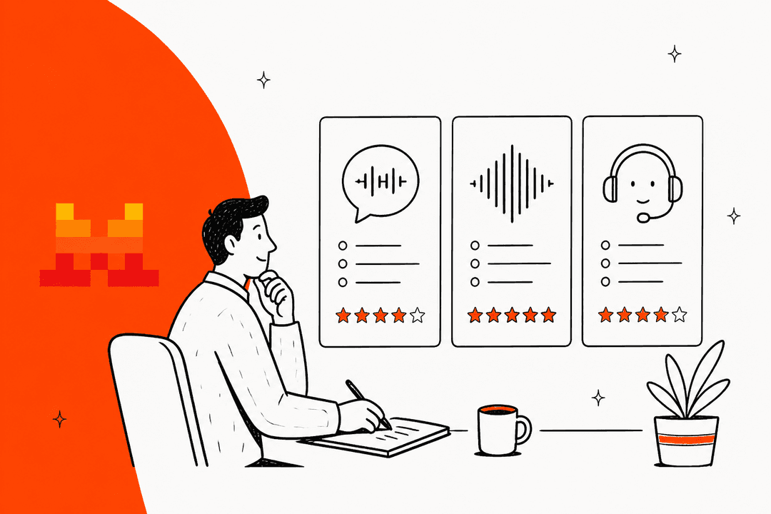 Hand-drawn illustration of a person comparing three cards for transcription, voice and a support agent, with the Mistral logo