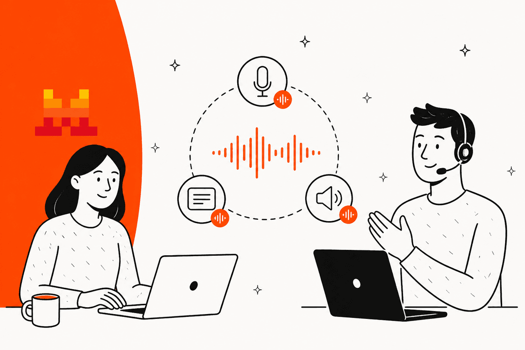 Hand-drawn illustration of two people at laptops linked by a loop of microphone, text and speaker icons, with the Mistral logo