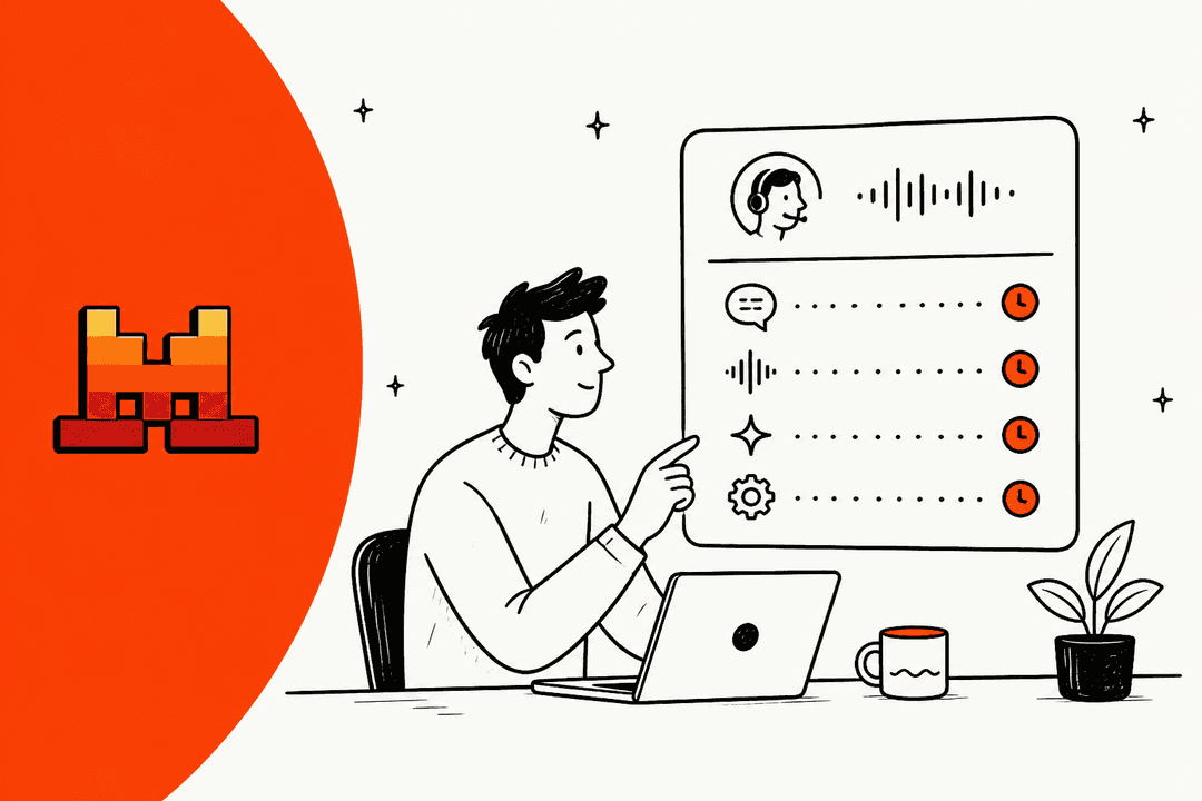 Hand-drawn illustration of a person at a laptop pointing at a voice agent cost panel, with the Mistral logo on an orange shape