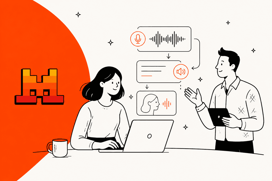 Hand-drawn illustration of two people working with a speech-to-text and text-to-speech pipeline, with the Mistral logo