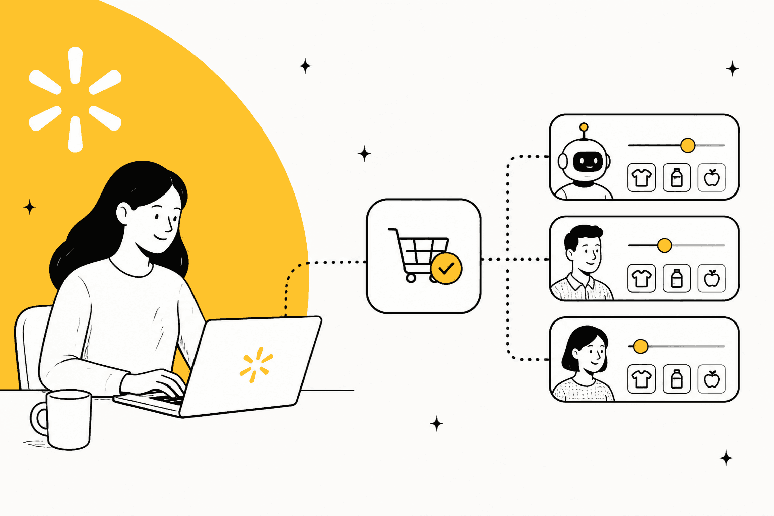 Hand-drawn illustration of a shopper at a laptop with the Walmart spark, connected through a shopping cart to three agent profiles, each with its own spending slider