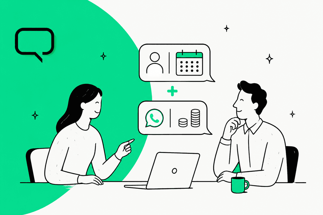 Hand-drawn illustration of two people at a laptop discussing a WhatsApp plan fee plus per-message costs, with the Wati logo on a green shape