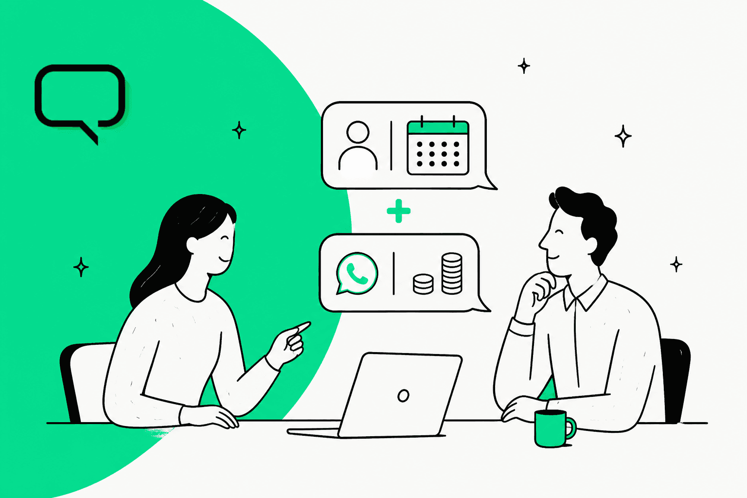 Hand-drawn illustration of two people at a laptop discussing a WhatsApp plan fee plus per-message costs, with the Wati logo on a green shape