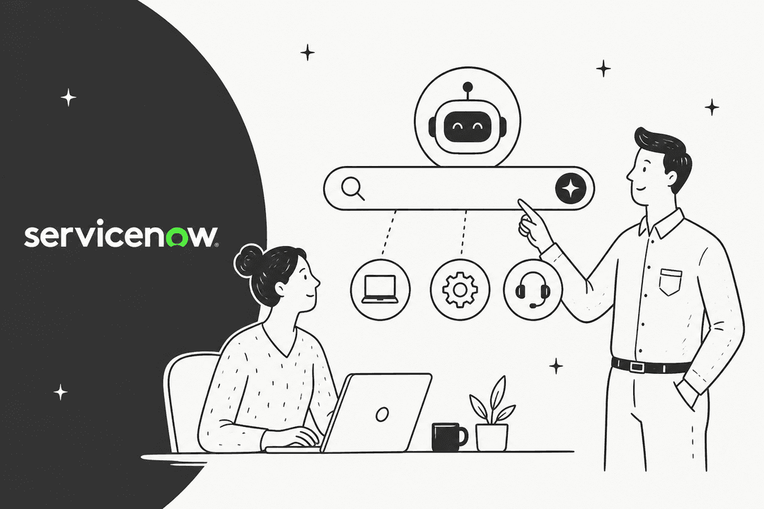Illustration of two support agents with headsets for a ServiceNow AI Search overview