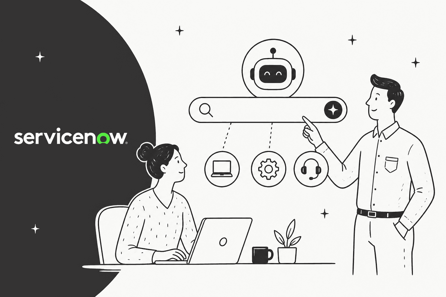 Illustration of two support agents with headsets for a ServiceNow AI Search overview