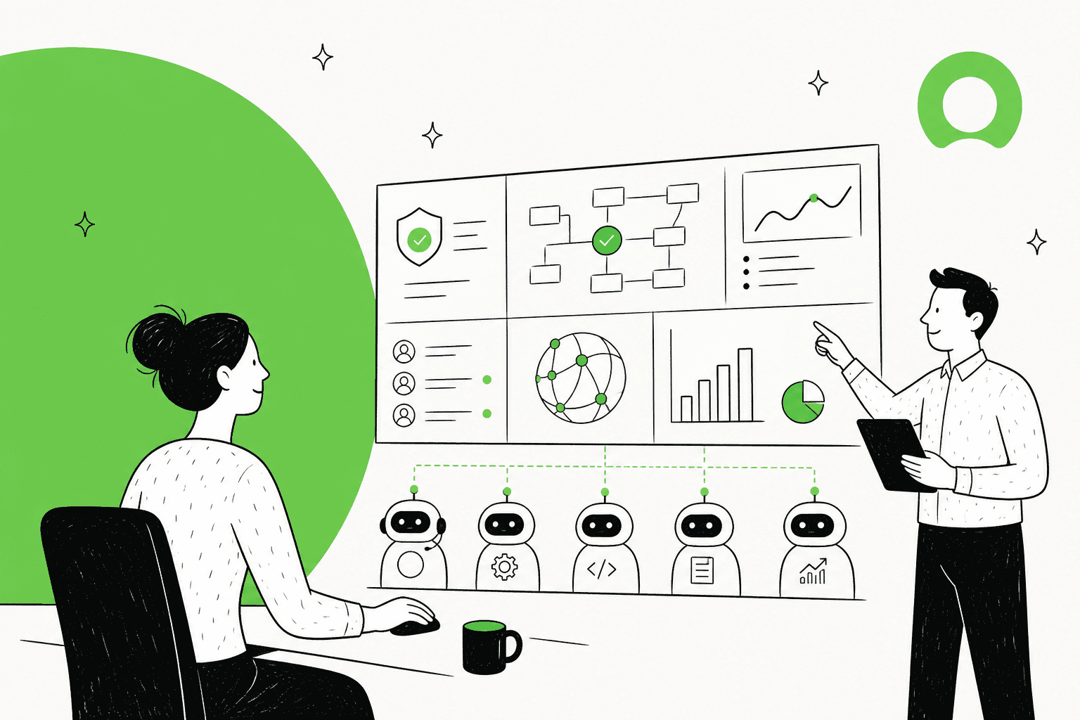 Illustration of a team overseeing a wall of AI agent dashboards, representing ServiceNow AI Control Tower