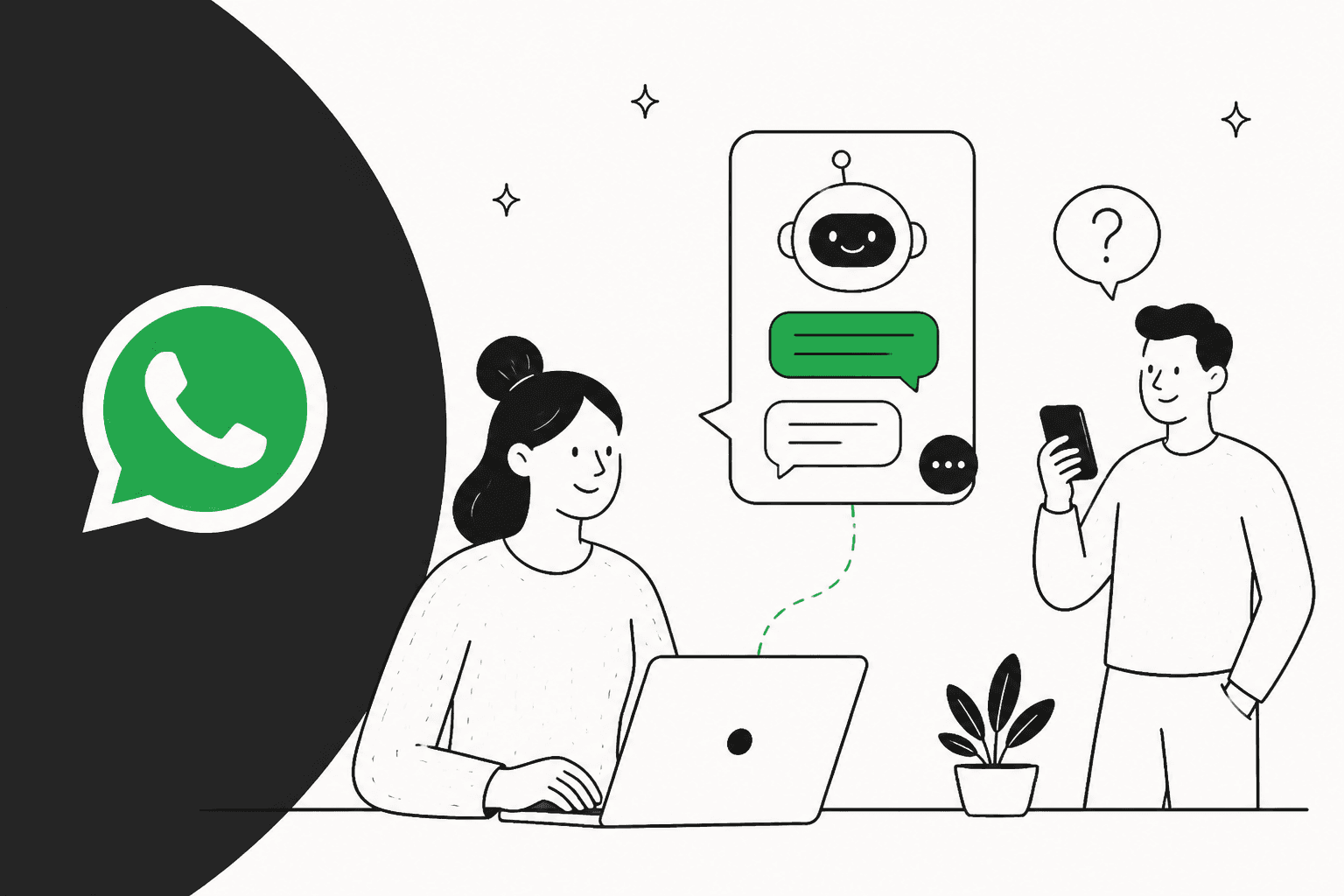 Hand-drawn illustration of a customer asking a question on WhatsApp and an AI chatbot replying while a support agent watches from a laptop