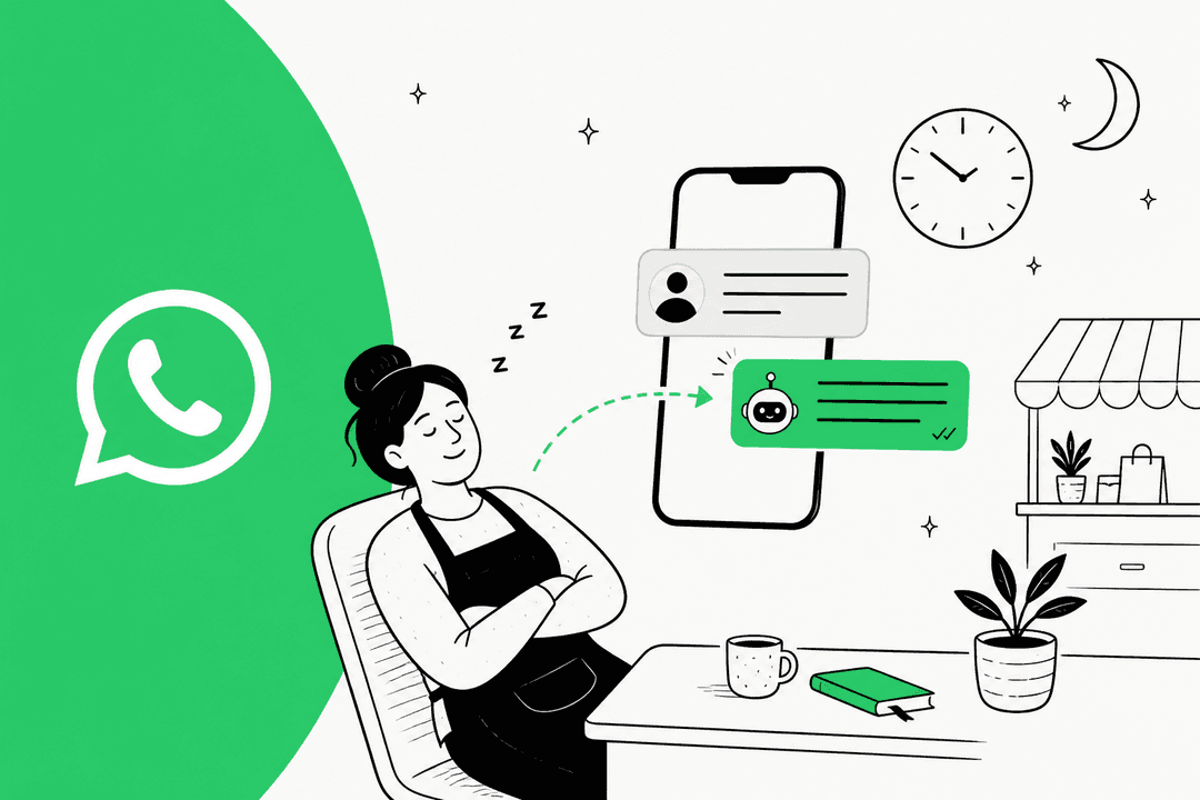 Hand-drawn illustration of a shop owner dozing at her counter at night while her phone automatically replies to a customer's WhatsApp message, with a clock and a moon in the background