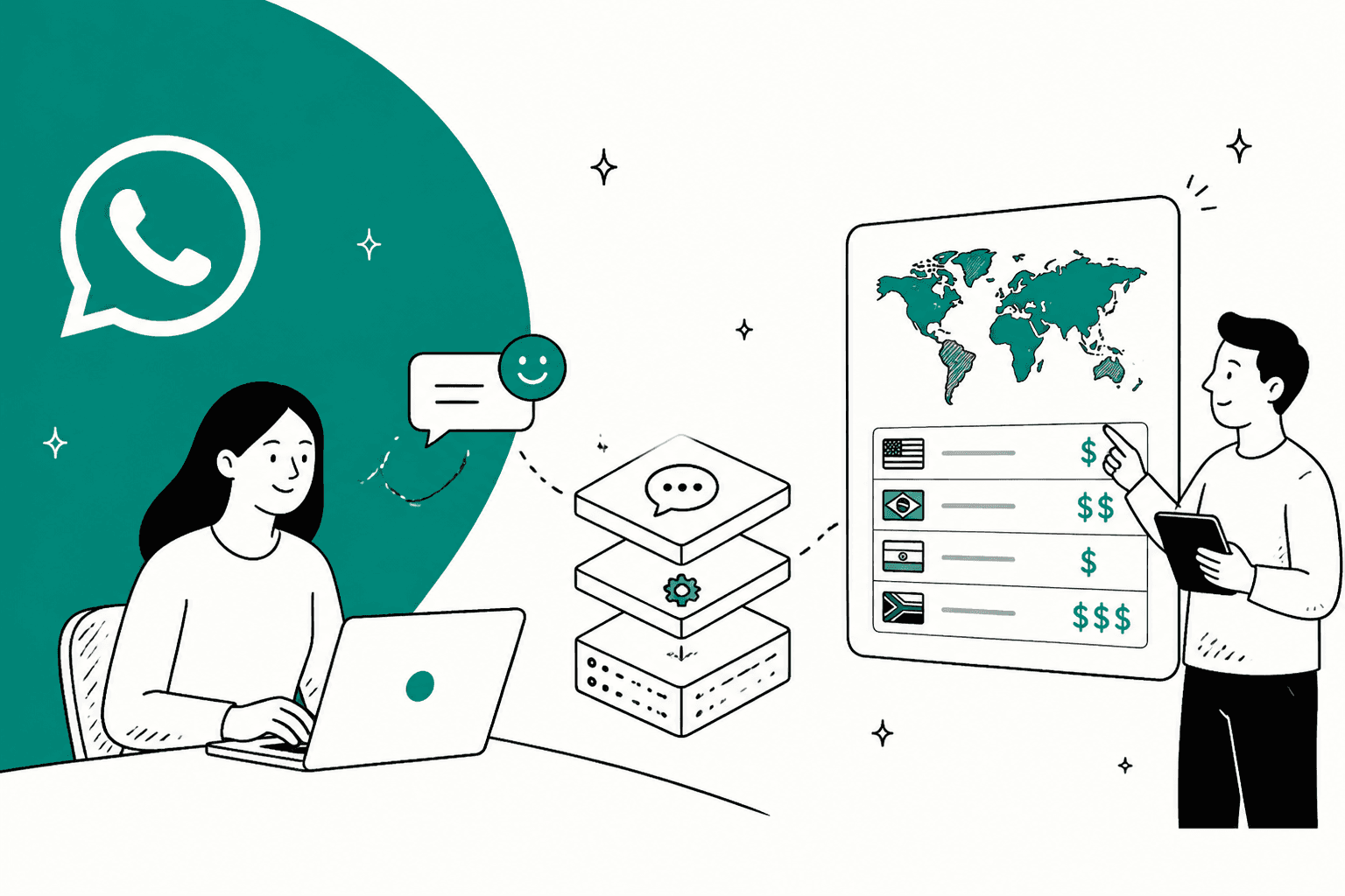 Hand-drawn illustration of a support agent at a laptop sending a WhatsApp message through a stack of pricing layers to a colleague pointing at a world map with per-country prices