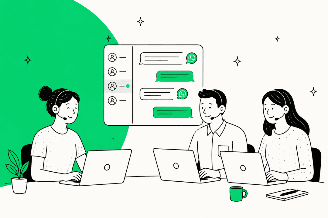 Hand-drawn illustration of three support agents at laptops working from one shared WhatsApp inbox