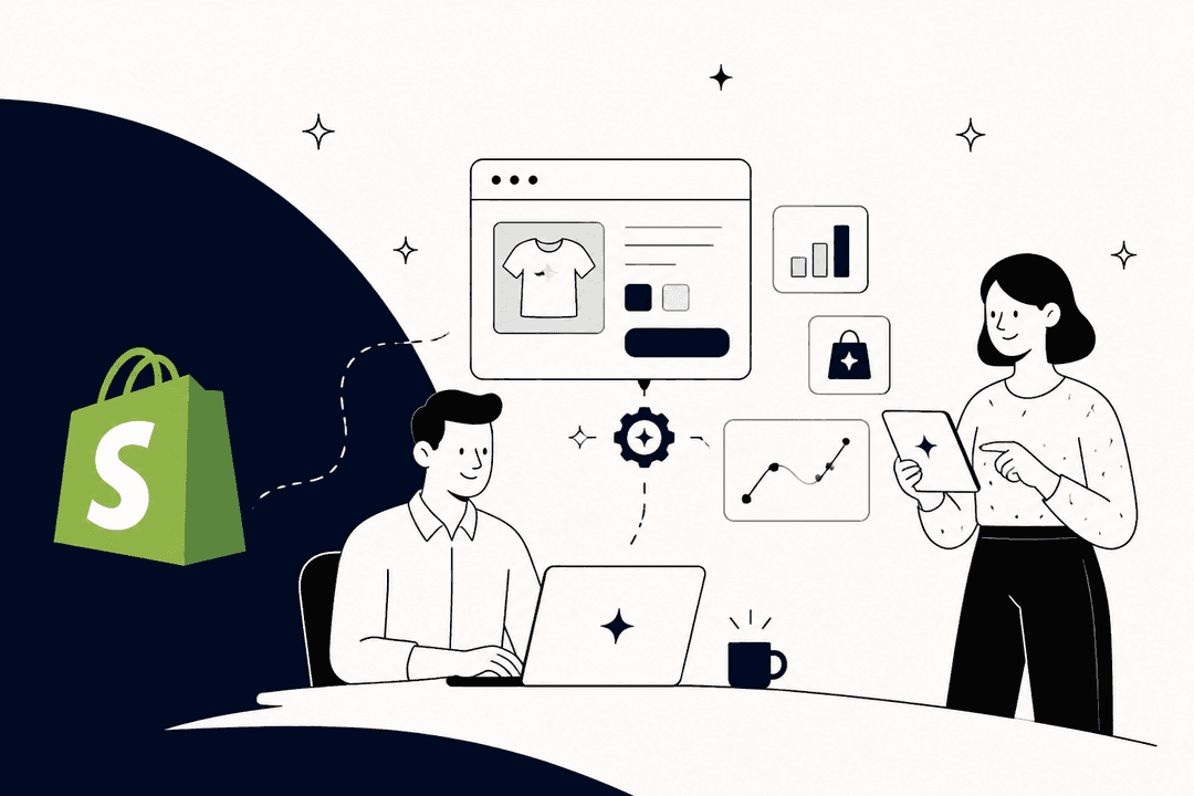 Two people building a Shopify store with AI tools around a product page
