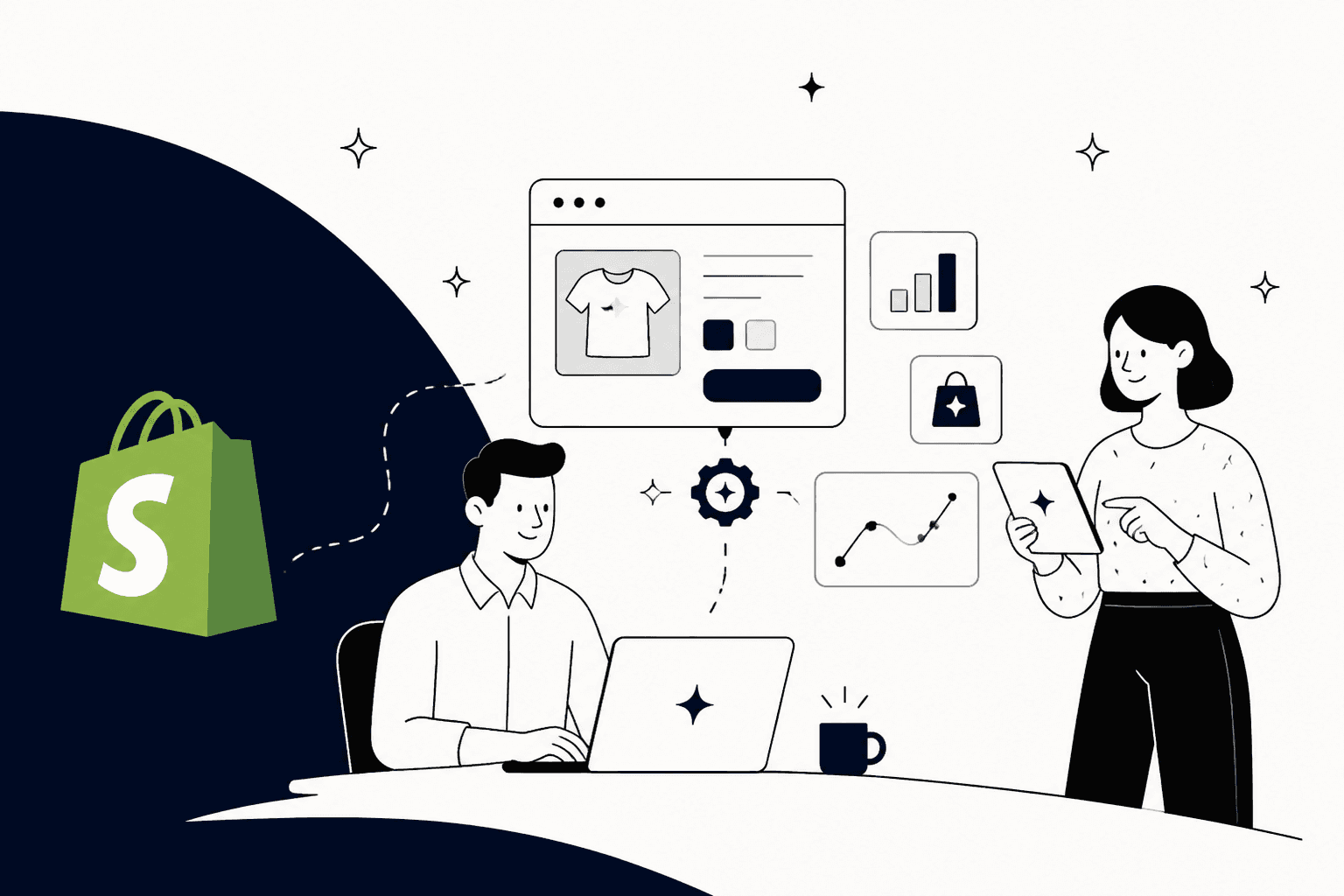 Two people building a Shopify store with AI tools around a product page